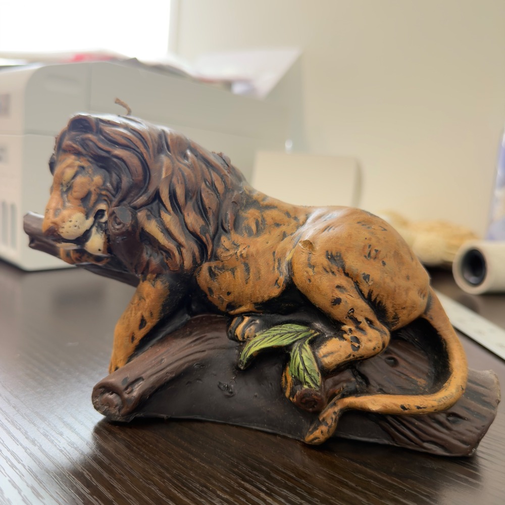 Vintage Lion on Log Wax Candle Figurine Safari Animal Decor Hand Painted Brown